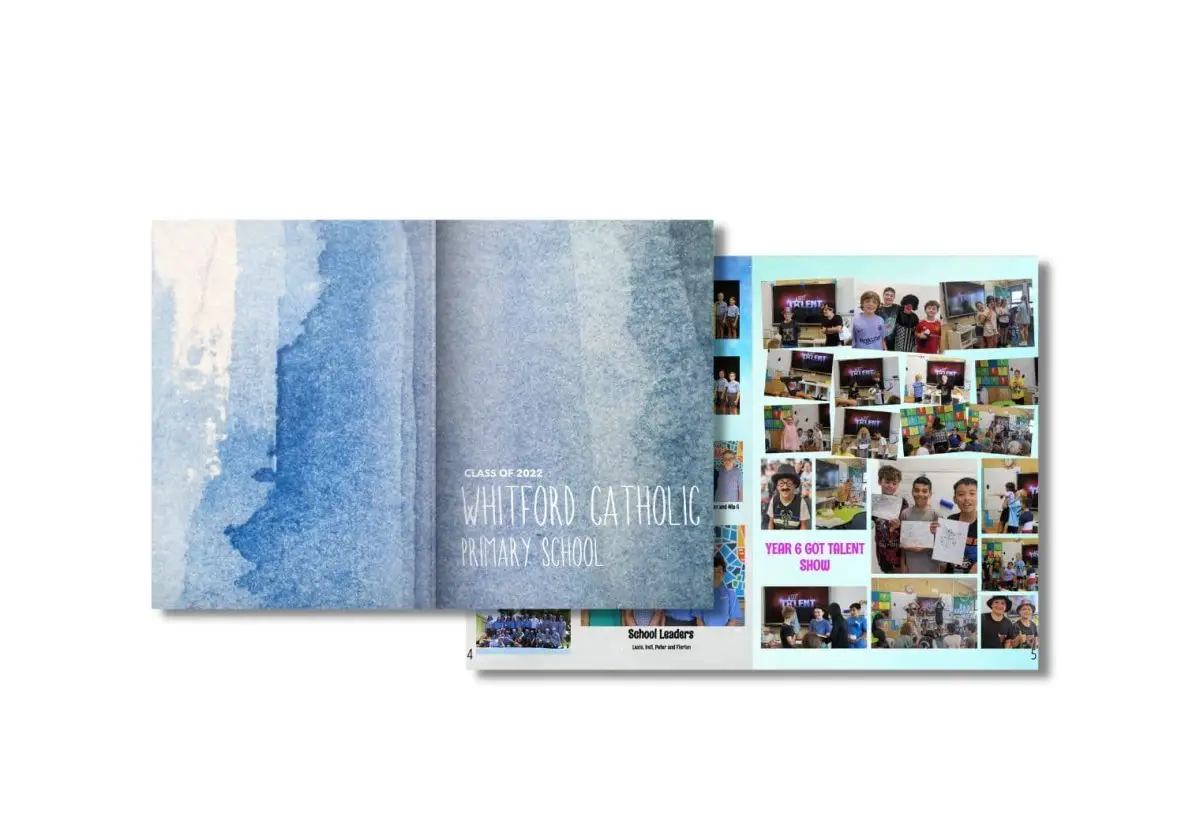 Whitford Catholic Primary School yearbook with watercolour cover and photo collage page