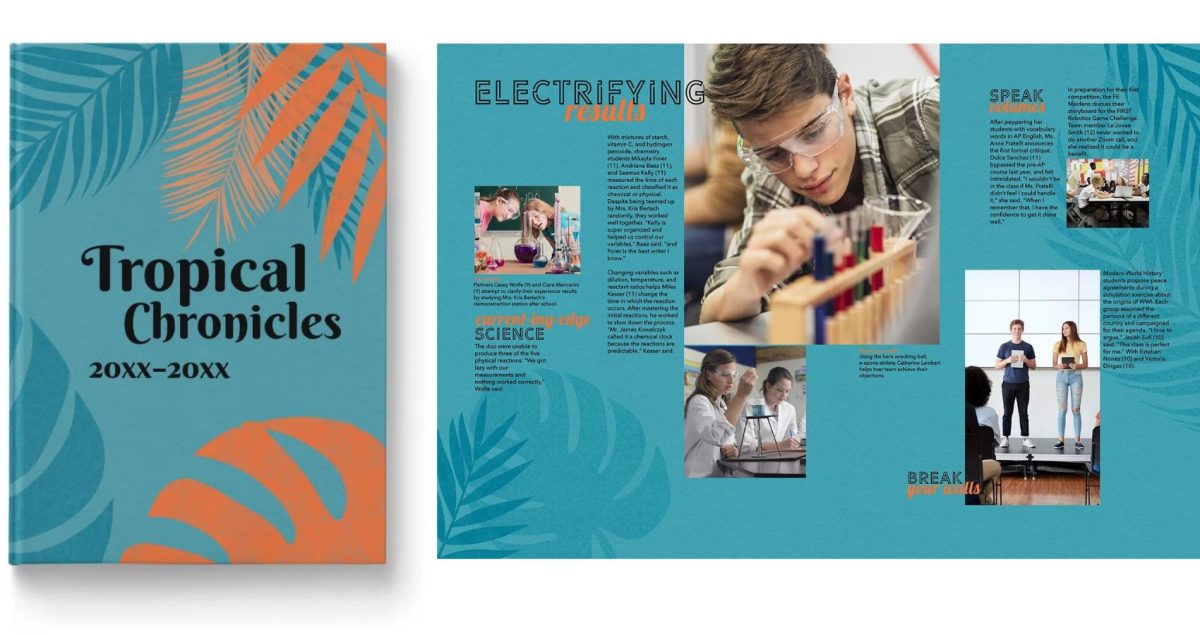Tropical Chronicles yearbook theme cover and inside spread